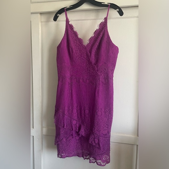 Adelyn Rae Lace Sheath Dress With Tiered Skirt. In Pink/Purple. Pre-Owned. - Picture 5 of 9